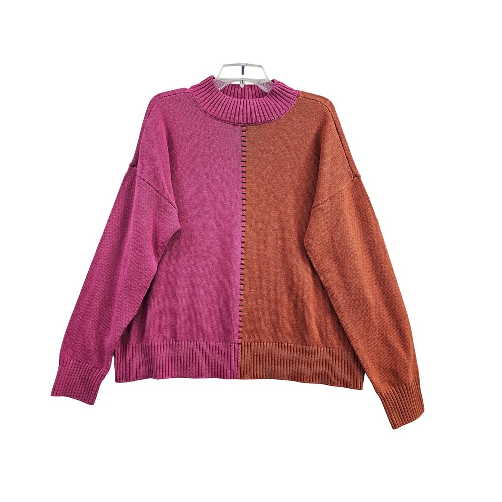 Peace Love World Colorblock Sweater Women Large Pink Orange Mock Neck Knit Top